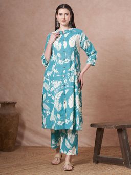 FASHOR - Floral Printed A-Line Panelled Co-Ord Set - Turquoise Blue