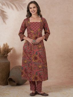 FASHOR - Ethnic Floral Printed A-Line Flared Kurta With Pant - Peach