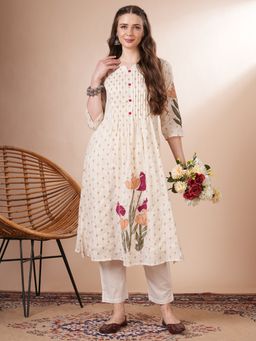 FASHOR - Ethnic Floral Printed A-Line Kurta With Pant - Off White