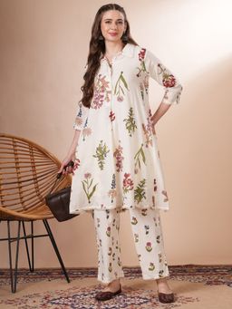 FASHOR - Floral Printed A-Line Cotton Co-Ord Set - Off White