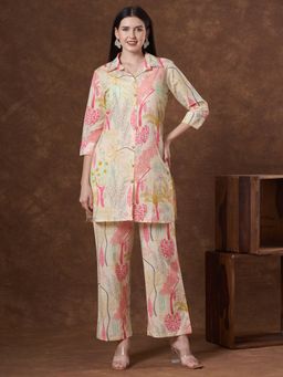 FASHOR - Floral Printed Straight Fit Co-Ord Set - Off White