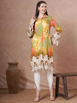 FASHOR - Floral Printed Embroidered Straight Fit Kurta With Dhoti - Lime Green