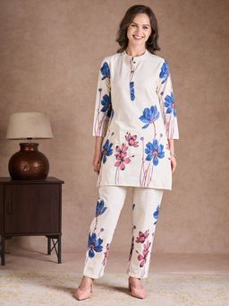 FASHOR - Floral Printed Straight Fit Co-Ord Set - Off White