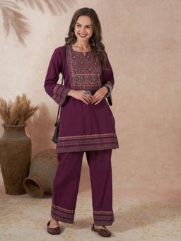 FASHOR - Ajrakh Printed And Embroidered Straight Fit Co-Ord Set - Burgundy