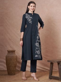 FASHOR - Solid Floral Embroidered A-Line Co-Ord Set - Navy Blue