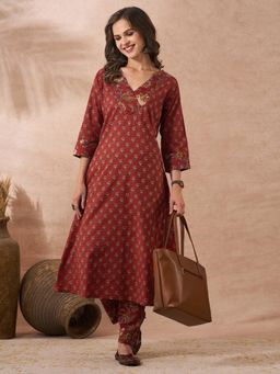 FASHOR - Ethnic Floral Printed And Embroidered A-Line Flared Kurta With Pant - Red