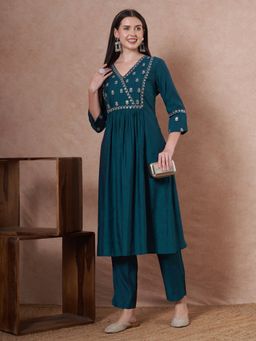 FASHOR - Solid Sequin Zari Embroidered A-Line Pleated Co-Ord Set - Teal
