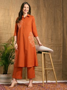 FASHOR - Solid Abstract Floral Embroidered A-Line Co-Ord Set - Rust