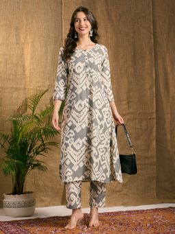 FASHOR - Printed A-Line Cotton Flax Co-Ord Set - Grey