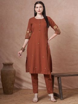 FASHOR - Solid Floral Thread Embroidered Straight Fit Co-Ord Set - Rust