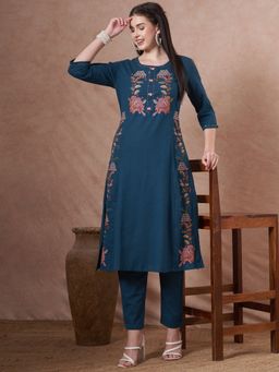 FASHOR - Floral Thread Cross Stitch Embroidered A-Line Co-Ord Set - Navy Blue