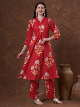 FASHOR - Ethnic Floral Printed A-Line Flared Co-Ord Set - Red