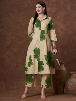 FASHOR - Floral Printed A-Line Panelled Co-Ord Set - Green