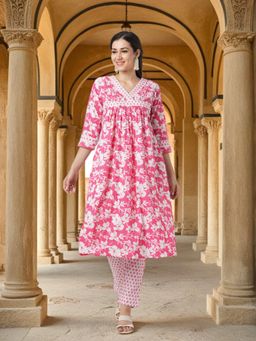 FASHOR - Floral Printed And Embroidered A-Line Pleated Kurta With Palazzo - Pink