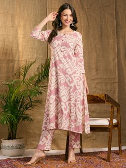 FASHOR - Printed A-Line Cotton Flax Co-Ord Set - Light Pink