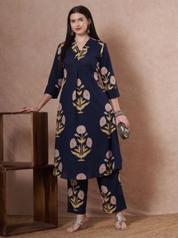 FASHOR - Ethnic Floral Printed A-Line Flared Co-Ord Set - Navy Blue