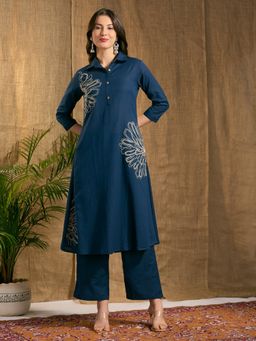 FASHOR - Solid Abstract Floral Embroidered A-Line Co-Ord Set - Teal Blue