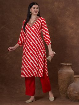 FASHOR - Leheriya Foil Printed And Zari Embroidered Straight Fit Kurta With Pant - Red