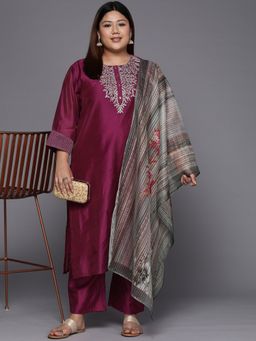 Varanga - Wine Zari Embroidery Kurta with Pant & Organza Dupatta