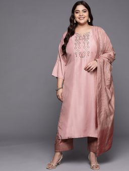 Varanga - Women Mauve Thread Work Straight Kurta with Pant & Dupatta