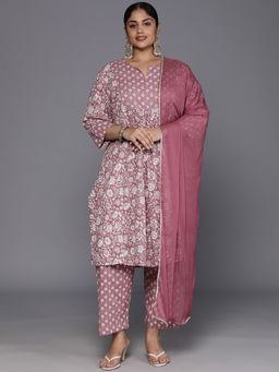 Varanga - Women Plus Size Floral Printed A-Line Kurta with Bottom & Dupatta