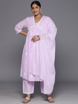 Varanga - Women Plus Size Lavender Embroidered A-Line Kurta with Pant & Dupatta