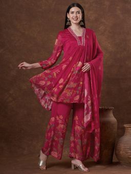 FASHOR - Floral Printed Embroidered A-Line Panelled Kurta With Palazzo And Dupatta - Pink