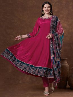 FASHOR - Ethnic Hand Embroidered Anarkali Kurta With Pant And Printed Dupatta - Pink