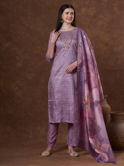 FASHOR - Solid Ethnic Embroidered Straight Fit Kurta With Pant And Dupatta - Purple