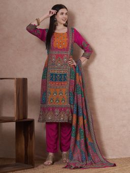 FASHOR - Ethnic Printed And Hand Embroidered Straight Kurta With Pant And Dupatta - Pink