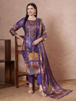 FASHOR - Ethnic Printed And Hand Embroidered Straight Kurta With Pant And Dupatta - Purple
