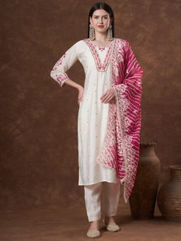 FASHOR - Zari Embroidered Kurta With Pant And Leheriya Dupatta - Off White