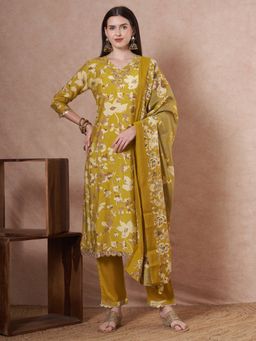 FASHOR - Ethnic Printed Straight Fit Kurta With Pant And Dupatta - Lime Green