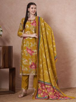 FASHOR - Printed & Embroidered Straight Fit Kurta With Pant And Dupatta - Mustard Green
