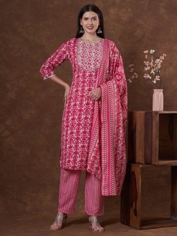 FASHOR - Floral Printed & Embroidered Straight Fit Kurta With Pant And Dupatta - Pink