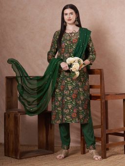 FASHOR - Floral Printed And Hand Embroidered Straight Kurta With Pant And Dupatta - Green