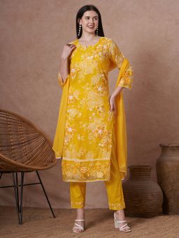 FASHOR - Floral Printed And Embroidered Straight Fit Kurta With Pant And Dupatta - Yellow