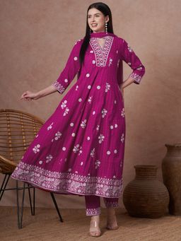 FASHOR - Floral Embroidered Anarkali Flared Kurta With Pant And Dupatta - Magenta