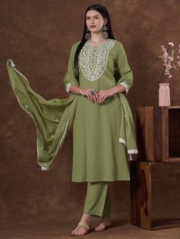 FASHOR - Floral Embroidered A-Line Kurta With Pant And Dupatta - Lime Green