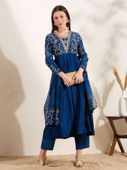 FASHOR - Floral Embroidered Anarkali Flared Kurta With Pant And Dupatta - Teal Blue