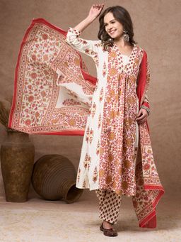 FASHOR - Floral Embroidered Anarkali Flared Kurta With Pant And Dupatta - White