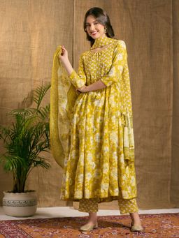 FASHOR - Floral Printed And Hand Embroidered Anarkali With Pant And Dupatta - Lime Green