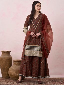 FASHOR - Printed And Embroidered Kurta With Flared Palazzo And Dupatta - Red