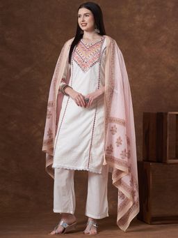 FASHOR - Mirror Work Embroidered Straight Fit Kurta With Palazzo And Dupatta - White
