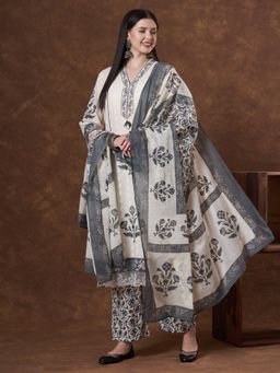FASHOR - Floral Printed Embroidered Kurta With Palazzo And Dupatta - Cream