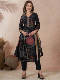 FASHOR - Floral Printed Embroidered Straight Fit Kurta With Pant And Dupatta - Black