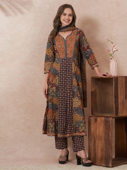 FASHOR - Ethnic Floral Printed Anarkali Flared Kurta With Pant And Dupatta - Multi
