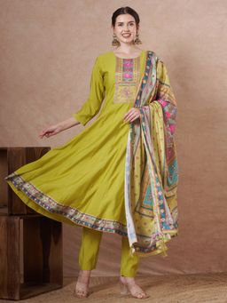 FASHOR - Ethnic Printed Anarkali Flared Kurta With Pant And Dupatta - Lime Green