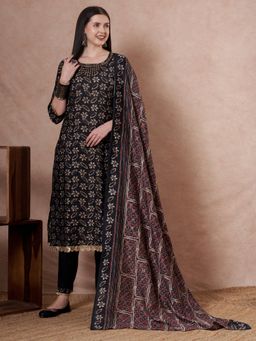 FASHOR - Ethnic Printed Straight Fit Kurta With Pant And Dupatta - Black