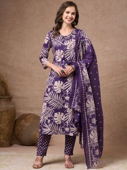 FASHOR - Floral Foil Printed Straight Kurta With Pant And Dupatta - Purple